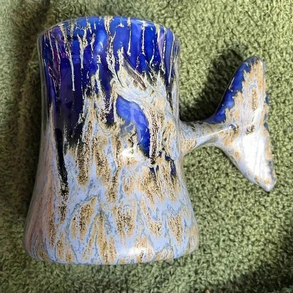 Whale Tail Mug Doug Wylie Pottery Handmade Cobalt‎ Blue Fat Drip Glaze 1981